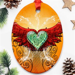 Beautiful Heart Made Of Diamond With Wings And Floral Elements Oval Ornament (two Sides)