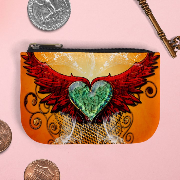 Beautiful Heart Made Of Diamond With Wings And Floral Elements Mini Coin Purses