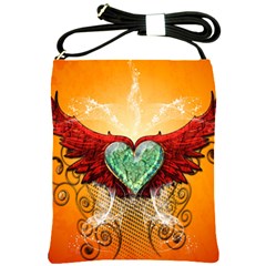 Beautiful Heart Made Of Diamond With Wings And Floral Elements Shoulder Sling Bags by FantasyWorld7