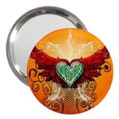 Beautiful Heart Made Of Diamond With Wings And Floral Elements 3  Handbag Mirrors by FantasyWorld7