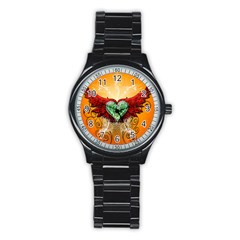 Beautiful Heart Made Of Diamond With Wings And Floral Elements Stainless Steel Round Watches