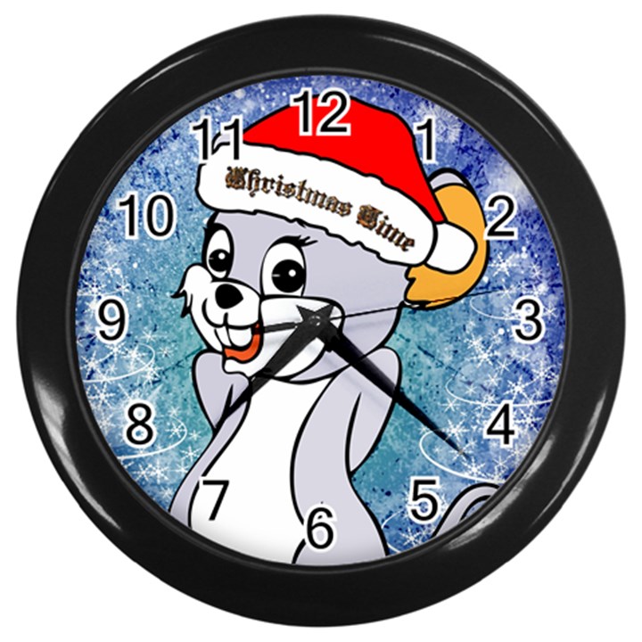 Funny Cute Christmas Mouse With Christmas Tree And Snowflakses Wall Clocks (Black)