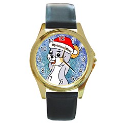 Funny Cute Christmas Mouse With Christmas Tree And Snowflakses Round Gold Metal Watches by FantasyWorld7