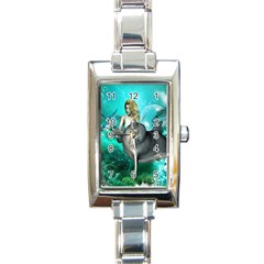 Beautiful Mermaid With  Dolphin With Bubbles And Water Splash Rectangle Italian Charm Watches