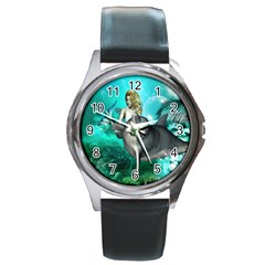 Beautiful Mermaid With  Dolphin With Bubbles And Water Splash Round Metal Watches