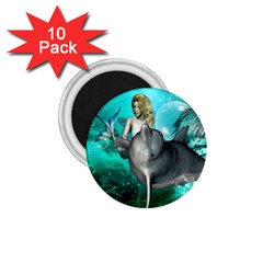 Beautiful Mermaid With  Dolphin With Bubbles And Water Splash 1 75  Magnets (10 Pack) 