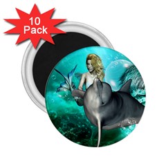 Beautiful Mermaid With  Dolphin With Bubbles And Water Splash 2 25  Magnets (10 Pack) 