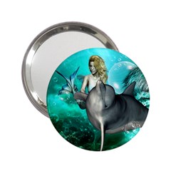 Beautiful Mermaid With  Dolphin With Bubbles And Water Splash 2 25  Handbag Mirrors