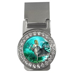 Beautiful Mermaid With  Dolphin With Bubbles And Water Splash Money Clips (cz) 