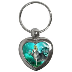 Beautiful Mermaid With  Dolphin With Bubbles And Water Splash Key Chains (heart)  by FantasyWorld7