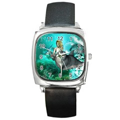 Beautiful Mermaid With  Dolphin With Bubbles And Water Splash Square Metal Watches