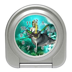 Beautiful Mermaid With  Dolphin With Bubbles And Water Splash Travel Alarm Clocks