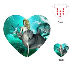 Beautiful Mermaid With  Dolphin With Bubbles And Water Splash Playing Cards (heart)  by FantasyWorld7