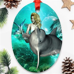 Beautiful Mermaid With  Dolphin With Bubbles And Water Splash Oval Ornament (two Sides)