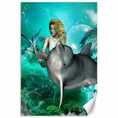 Beautiful Mermaid With  Dolphin With Bubbles And Water Splash Canvas 24  X 36  by FantasyWorld7