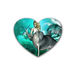 Beautiful Mermaid With  Dolphin With Bubbles And Water Splash Rubber Coaster (heart)  by FantasyWorld7