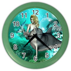 Beautiful Mermaid With  Dolphin With Bubbles And Water Splash Color Wall Clocks