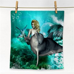 Beautiful Mermaid With  Dolphin With Bubbles And Water Splash Face Towel by FantasyWorld7