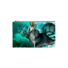 Beautiful Mermaid With  Dolphin With Bubbles And Water Splash Cosmetic Bag (small)  by FantasyWorld7