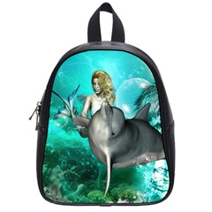 Beautiful Mermaid With  Dolphin With Bubbles And Water Splash School Bags (small)  by FantasyWorld7