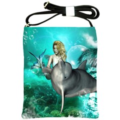 Beautiful Mermaid With  Dolphin With Bubbles And Water Splash Shoulder Sling Bags by FantasyWorld7