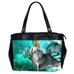 Beautiful Mermaid With  Dolphin With Bubbles And Water Splash Office Handbags (2 Sides)  by FantasyWorld7