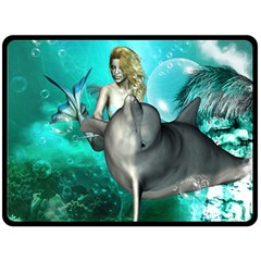 Beautiful Mermaid With  Dolphin With Bubbles And Water Splash Fleece Blanket (large) 