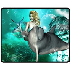 Beautiful Mermaid With  Dolphin With Bubbles And Water Splash Fleece Blanket (medium) 