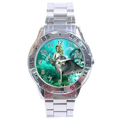 Beautiful Mermaid With  Dolphin With Bubbles And Water Splash Stainless Steel Men s Watch