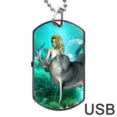 Beautiful Mermaid With  Dolphin With Bubbles And Water Splash Dog Tag Usb Flash (two Sides)  by FantasyWorld7