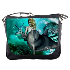 Beautiful Mermaid With  Dolphin With Bubbles And Water Splash Messenger Bags by FantasyWorld7