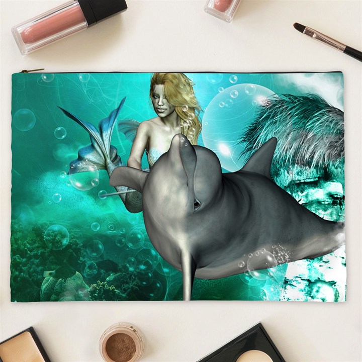 Beautiful Mermaid With  Dolphin With Bubbles And Water Splash Cosmetic Bag (XXL) 