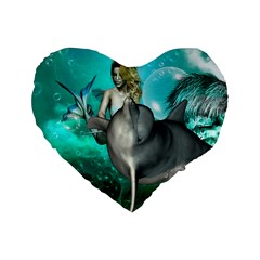 Beautiful Mermaid With  Dolphin With Bubbles And Water Splash Standard 16  Premium Heart Shape Cushions