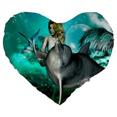 Beautiful Mermaid With  Dolphin With Bubbles And Water Splash Large 19  Premium Heart Shape Cushions