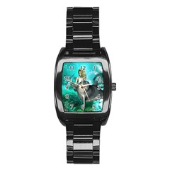 Beautiful Mermaid With  Dolphin With Bubbles And Water Splash Stainless Steel Barrel Watch