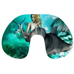 Beautiful Mermaid With  Dolphin With Bubbles And Water Splash Travel Neck Pillows