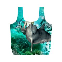 Beautiful Mermaid With  Dolphin With Bubbles And Water Splash Full Print Recycle Bags (m) 