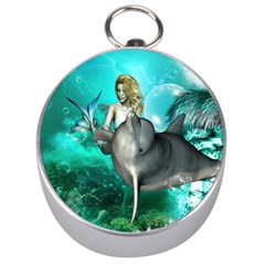 Beautiful Mermaid With  Dolphin With Bubbles And Water Splash Silver Compasses by FantasyWorld7