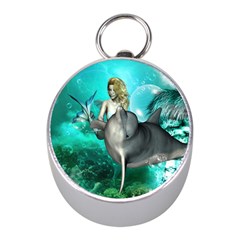 Beautiful Mermaid With  Dolphin With Bubbles And Water Splash Mini Silver Compasses