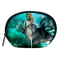 Beautiful Mermaid With  Dolphin With Bubbles And Water Splash Accessory Pouches (medium) 