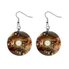 Steampunk, Wonderful Steampunk Design With Clocks And Gears In Golden Desing Mini Button Earrings