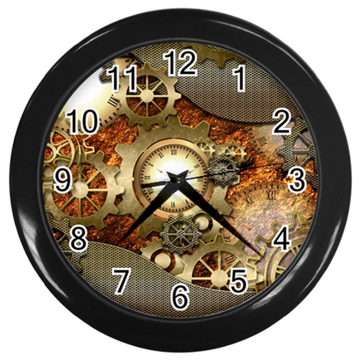 Steampunk, Wonderful Steampunk Design With Clocks And Gears In Golden Desing Wall Clocks (Black)