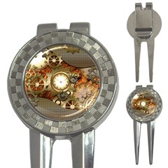 Steampunk, Wonderful Steampunk Design With Clocks And Gears In Golden Desing 3-in-1 Golf Divots