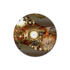 Steampunk, Wonderful Steampunk Design With Clocks And Gears In Golden Desing Rubber Round Coaster (4 Pack) 