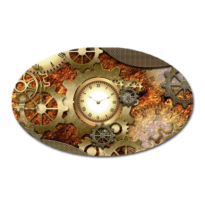 Steampunk, Wonderful Steampunk Design With Clocks And Gears In Golden Desing Oval Magnet