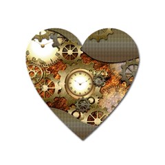 Steampunk, Wonderful Steampunk Design With Clocks And Gears In Golden Desing Heart Magnet