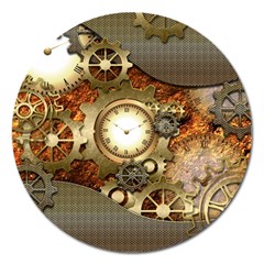 Steampunk, Wonderful Steampunk Design With Clocks And Gears In Golden Desing Magnet 5  (round)