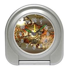 Steampunk, Wonderful Steampunk Design With Clocks And Gears In Golden Desing Travel Alarm Clocks