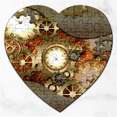 Steampunk, Wonderful Steampunk Design With Clocks And Gears In Golden Desing Jigsaw Puzzle (heart) by FantasyWorld7