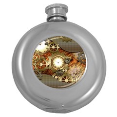 Steampunk, Wonderful Steampunk Design With Clocks And Gears In Golden Desing Round Hip Flask (5 Oz) by FantasyWorld7